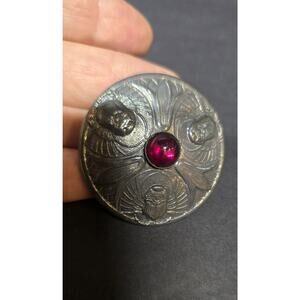 Silver Tone Scarab Beetle Brooch Pin Red Glass Cabochon Egyptian Costume Jewelry